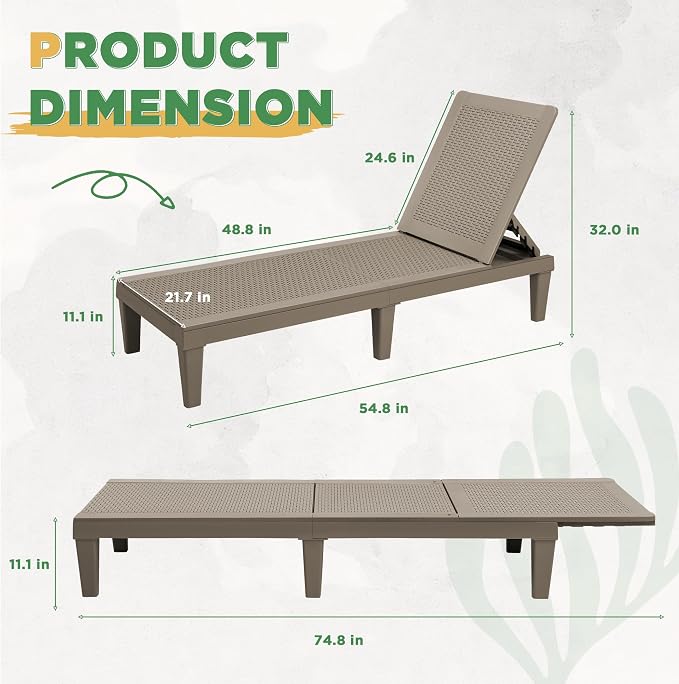 Greesum Lounge Chairs Set of 4 All Weather Outdoor Angle Adjustable Chaise for Beaches,Gardens,Decks and Pools,Light Coffee