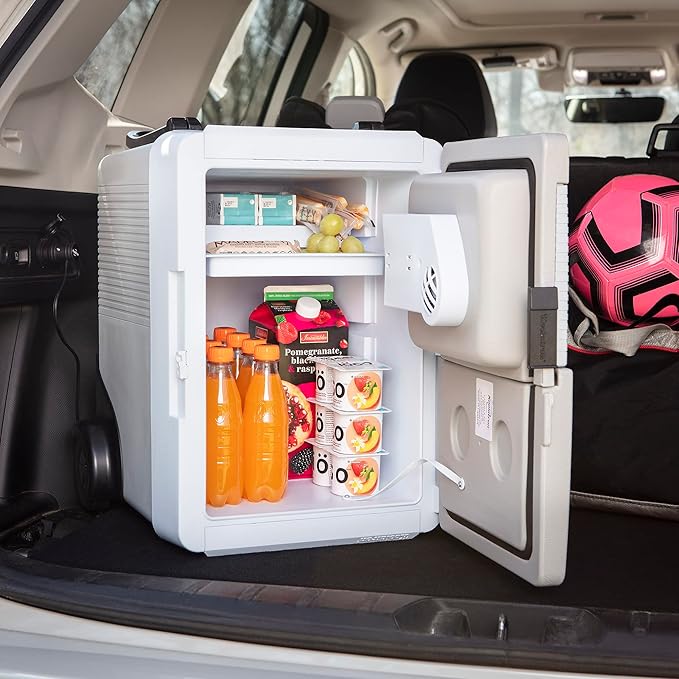Koolatron Thermoelectric Iceless 12V Cooler/Warmer 33 qt (31 L) w/Wheels, Portable Electric Rolling Car Fridge w/ 12 Volt DC Power Cord, Grey/White, Travel Road Trips Camping, Made in North America
