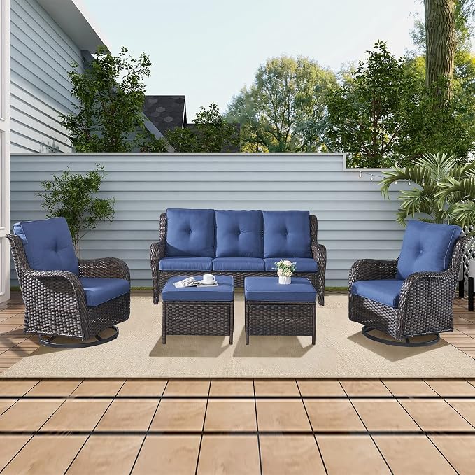 Rilyson Wicker Outdoor Patio Sofa with Ottoman, Large 3 Seater Wicker Patio Couch with 4in Replaceable Seat Cushions and Deep Seating, All Weather for Backyard, Garden, Poolside (Brown/Blue)