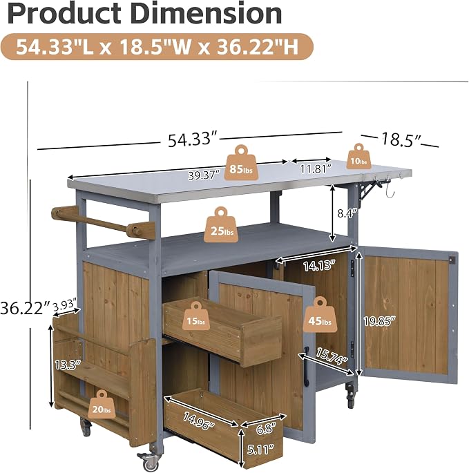 Christopher Knight Home Edsel Outdoor Bar Cart with Stainless Steel Top and Lockable Wheels, Solid Wood Outdoor Storage Cabinet, Kitchen Island Serving Cart for Poolside, Walnut Brown+Blue Gray