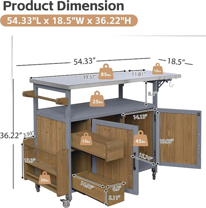 Christopher Knight Home Edsel Outdoor Bar Cart with Stainless Steel Top and Lockable Wheels, Solid Wood Outdoor Storage Cabinet, Kitchen Island Serving Cart for Poolside, Walnut Brown+Blue Gray