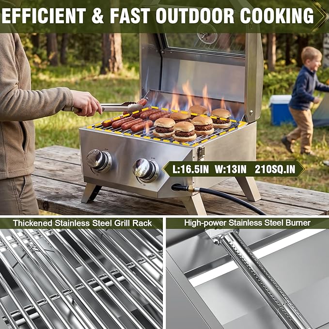Bestfire 2-Burner Tabletop Gas Grill with Viewing Glass Lid, 20,000 BTU Stainless Steel Portable Propane BBQ Grill, Built-in Thermometer & Push-Button Ignition, for Outdoor Camping, RV, Tailgating