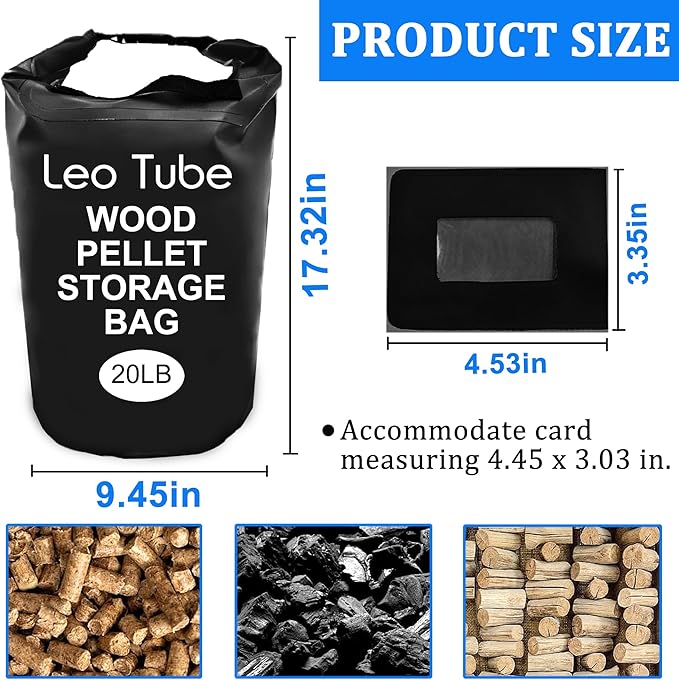 Heavy-Duty Wood Pellet Storage Bag, 20LB Waterproof Smoker Bag - 500D PVC Outdoor Storage Container with Buckle Seal, Label Pocket & Handles for BBQ, Grill, Pellet Smoker (Black)