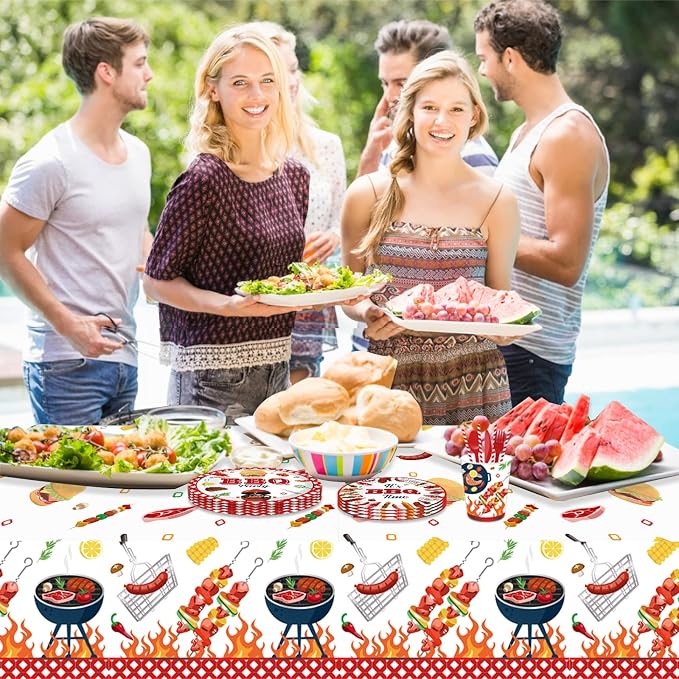 3 Pcs BBQ Party Tablecloth, Hamburger Barbecue Pizza Carnival Tablecloth BBQ Disposable Plastic Table Covers Hamburger Barbecue Pizza Carnival Veterans Day Party Decorations, 54 x 87In