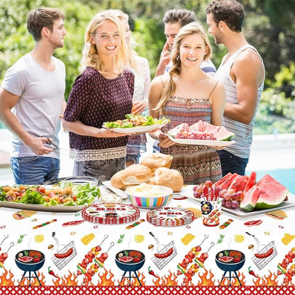 3 Pcs BBQ Party Tablecloth, Hamburger Barbecue Pizza Carnival Tablecloth BBQ Disposable Plastic Table Covers Hamburger Barbecue Pizza Carnival Veterans Day Party Decorations, 54 x 87In