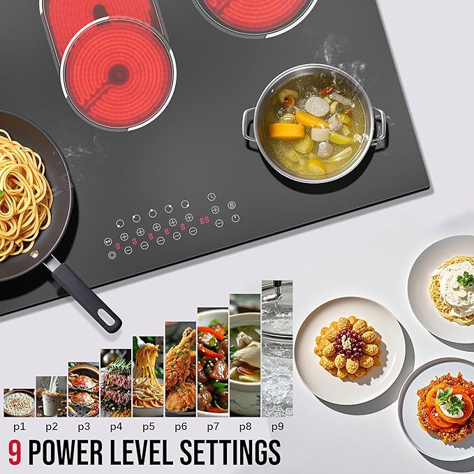 30 Inch Electric Cooktop, Built-in 5 Burner Electric Stovetop 8400W for Big Family Cooking & Feasts, 30" Glass Ceramic Cook Top with Oval Expanded Zone, Child Lock, Timer, 220V No Plug