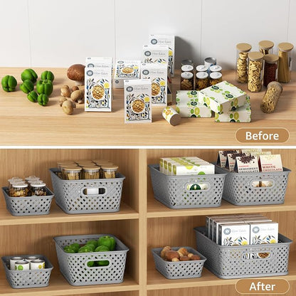 MaxGear 3 Pack Plastic Storage Baskets, Medium, Grey | Durable Woven Plastic with Built-In Handles, Suitable for Shelves, Closets, Cabinets, Bathrooms and Offices