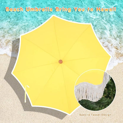 7ft Patio Beach Umbrella with Fringe, Outdoor Umbrella for Poolside, Yellow | MFSTUDIO Tassel Umbrellas UPF50+ with Sand Anchor & Tilt Button, Holiday Outdoor Umbrella with Carry Bag, Ideal for Garden