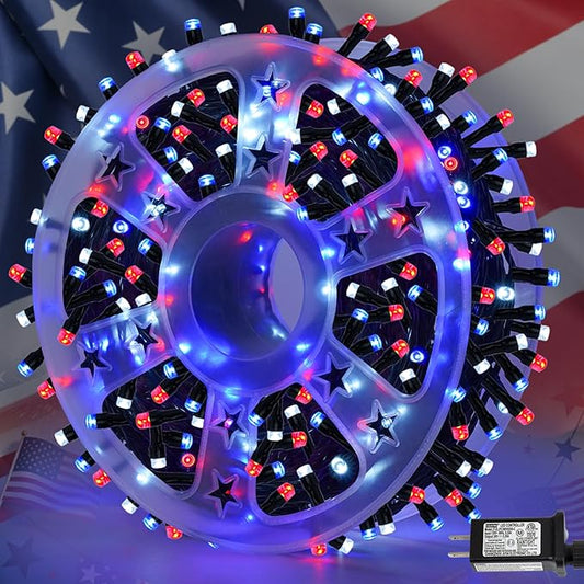 QITONG 500 LED Red White and Blue String Lights, 165ft 4th of July Decorations Lights Plug in Outdoor Indoor, 8 Modes Patriotic Light Green Wire for Independence Memorial Day Décor