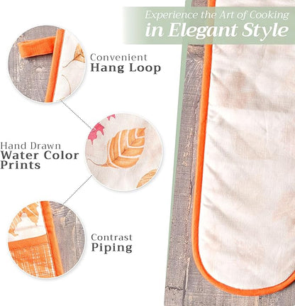 Maison d' Hermine Double Oven Mitt (7" x 35") 100% Cotton Heat Resistant BBQ Cooking Gloves with Loop for Thanksgiving Christmas Decorations Baking Cooking Handling Hot Pan (Colours of Autumn)