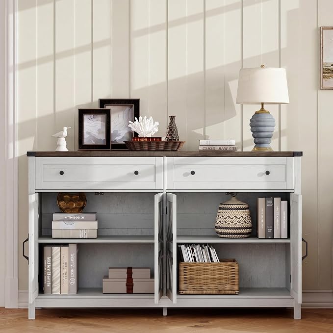 ChooChoo 55" W Coffee Bar Cabinet, Kitchen Storage Cabinet with 2 Drawers | Farmhouse Sideboard Buffet Cabinet, Adjustable Shelf & 4 Doors, Rustic White