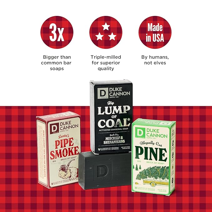 Duke Cannon Supply Co. Big Brick of Soap Bar For Men - Lump of Coal, Illegally Cut Pine & Peppermint Bark, Holiday Variety 3 Pack, 10 oz. Bar Soaps