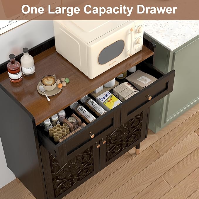 3More Sideboard Buffet Cabinet with Retro Carving Pattern Set of 2, Kitchen Pantry Storage Cabinet with 1 Drawer & 2 Doors, Coffee Bar for Living Room, Kitchen, Dining Room, Black