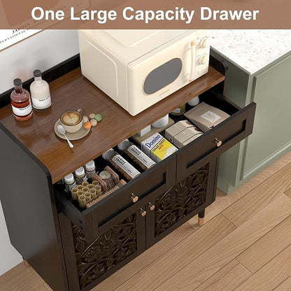 3More Sideboard Buffet Cabinet with Retro Carving Pattern Set of 2, Kitchen Pantry Storage Cabinet with 1 Drawer & 2 Doors, Coffee Bar for Living Room, Kitchen, Dining Room, Black