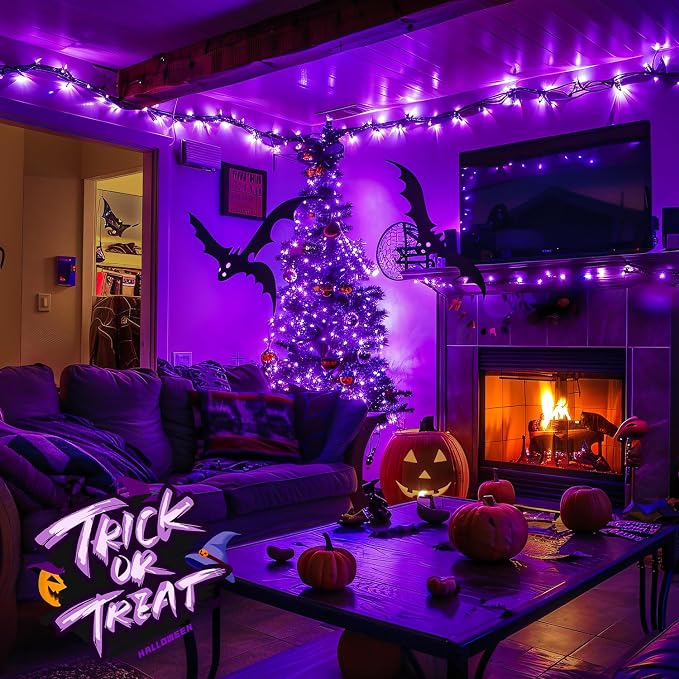 JMEXSUSS 400 LED Purple Halloween Lights Outdoor Plug in | 132ft Halloween String Lights with Remote, Green Wire Purple Christmas Lights for Christmas Halloween Decorations