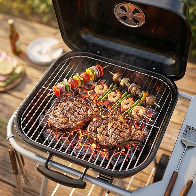 17.5-Inch Square Charcoal Grill with Wheels, 302 Sq In Cooking Surface Outdoor Barbecue BBQ, Porcelain-Coated Steel Freestanding Kettle Grill for Patio, Deck, and Backyard Gatherings, Black