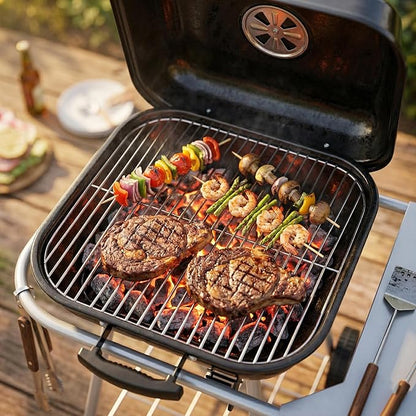 17.5-Inch Square Charcoal Grill with Wheels, 302 Sq In Cooking Surface Outdoor Barbecue BBQ, Porcelain-Coated Steel Freestanding Kettle Grill for Patio, Deck, and Backyard Gatherings, Black