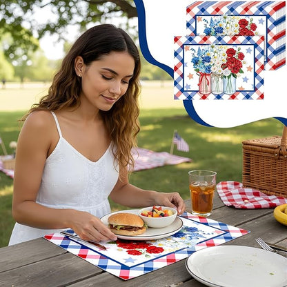 Eaasty 50 Pcs Patriotic Floral Paper Placemats 4th of July 250th Anniversary Disposable Table Mats with Flowers Plaid for Independence Day Memorial Day Supplies Party Table Setting Decoration