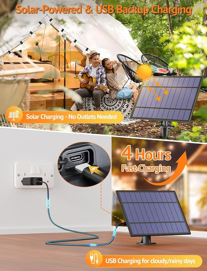 100FT(4x25FT) Solar String Lights with Remote, 43 G40 Bulbs, Black | Solar Powered, Dusk to Dawn, Dimmable, Timer, Memory Function, LED Globe Hanging Lights for Fence Camping Porch