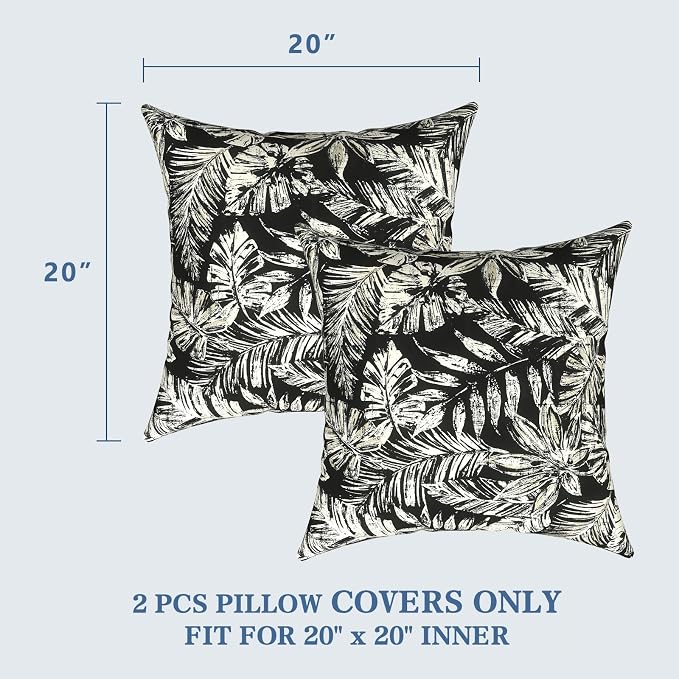 LVTXIII Outdoor Pillow Covers 20x20 Inch, 2 Pack Large Square Throw Pillow Cases, Fade-Resistant Cushion Covers for Patio Furniture Sofa, Garden Porch, Tropical Leaf Black