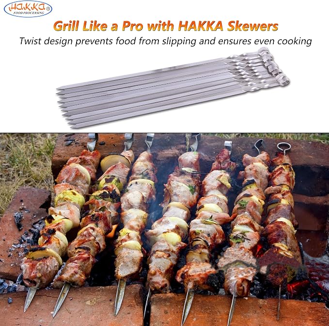 Hakka Stainless Steel Barbecue Skewers, 23.6" Shish Kabob Skewers Heavy Duty Metal Skewers for Grilling Large Wide Reusable Kabob Sticks with NonSlip Ring Handle,Set of 10