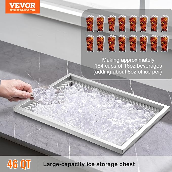 VEVOR Drop in Ice Chest, 22" L x 17" W x 12" H Stainless Steel Ice Cooler, Commercial Ice Bin with Cover, 46 qt Outdoor Kitchen Ice Bar, Drain-Pipe and Drain Plug Included, for Cold Wine Beer