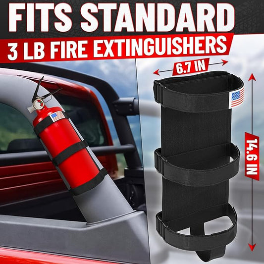Fire Extinguisher Mount for Vehicle - Adjustable Nylon Strap Fix, No-Drill, Roll Bar Mount, Quick Release | Fits 3 lb Extinguishers - Fire Extinguisher Holder for Car, Boat, UTV, & Off-Road Vehicles