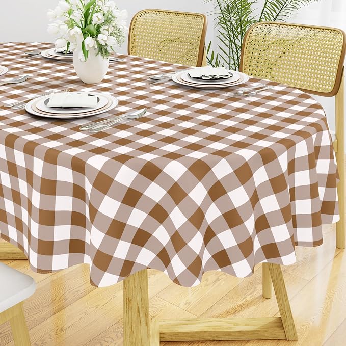 Smiry Oval Table Cloth, Vinyl Tablecloths with Flannel Backing, 60"x84" | Waterproof Picnic Table Cloth, Wipeable Buffalo Plaid Table Cover for Indoor and Outdoor (Brown & White)