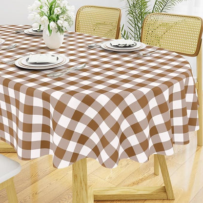 Smiry Oval Table Cloth, Vinyl Tablecloths with Flannel Backing, 60"x84" | Waterproof Picnic Table Cloth, Wipeable Buffalo Plaid Table Cover for Indoor and Outdoor (Brown & White)