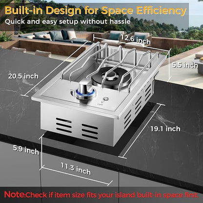 Grilling Side Burners for Outdoor Kitchen, 18,000BTU Liquid Propane Side Burner,Convertible to Nature Gas, Duty Heavy 304 Stainless Steel, Single Burner for BBQ Island Grill, Black