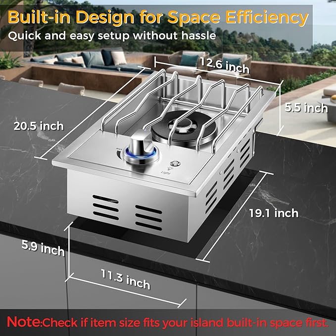 Grilling Side Burners for Outdoor Kitchen, 18,000BTU Natural Gas Side Burner, Convertible to Liquid Propane, Heavy Duty 304 Stainless Steel, Single Burner for BBQ Island Grill, Black