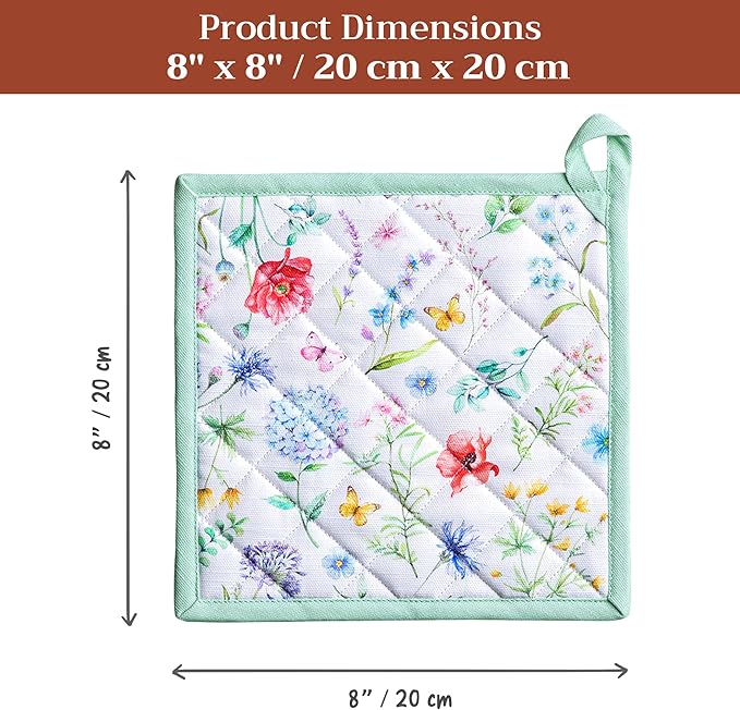 Maison d' Hermine Pot Holders 100% Cotton Heat Resistant Potholders 8" x 8" Hot Pads with Loop BBQ Cooking Baking Hotel Farmhouse Kitchen Handling Hot Pans Spring Summer (Pack of 1, Just Floral)