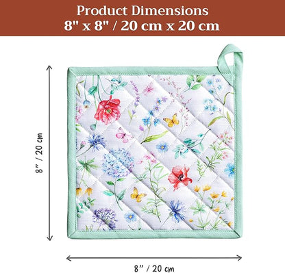 Maison d' Hermine Pot Holders 100% Cotton Heat Resistant Potholders 8" x 8" Hot Pads with Loop BBQ Cooking Baking Hotel Farmhouse Kitchen Handling Hot Pans Spring Summer (Pack of 1, Just Floral)