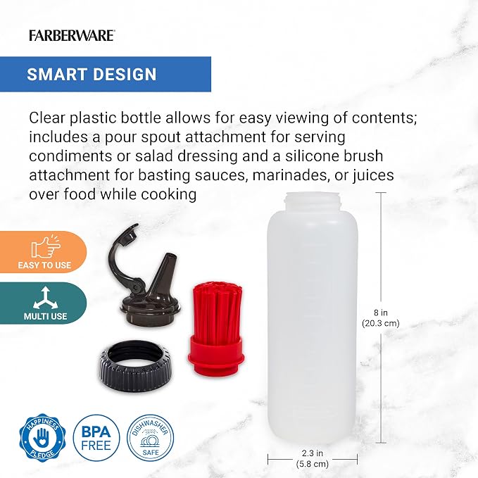 Farberware BBQ Squeeze Bottle Basting Brush Set- Flavorful Cooking Indoors and Outdoors, Markings for Measuring, Dishwasher Safe