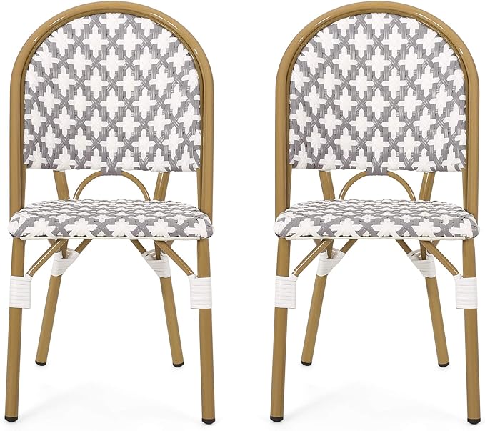 Christopher Knight Home Anastasia Outdoor French Bistro Chair (Set of 2), Gray + White + Bamboo Print Finish