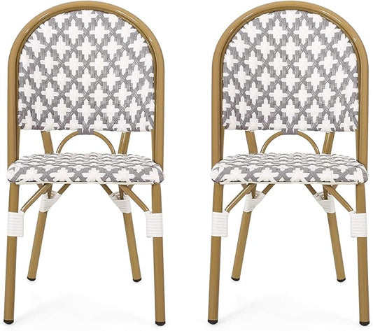 Christopher Knight Home Anastasia Outdoor French Bistro Chair (Set of 2), Gray + White + Bamboo Print Finish
