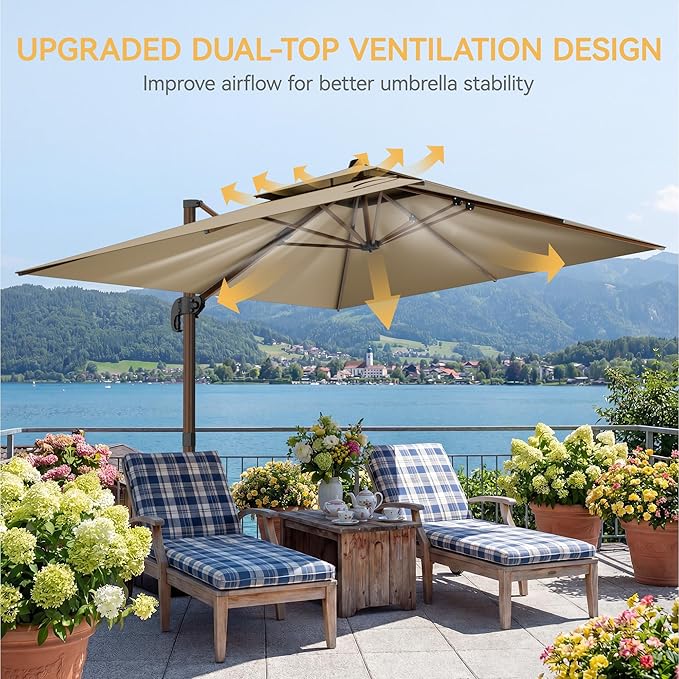 10x13 FT Wood Pattern Patio Umbrella, Large Deluxe Cantilever Rectangular Double Top Heavy Duty Offset Umbrellas with 360° Rotation, Outdoor shade for Garden Deck Pool Patio, Tan