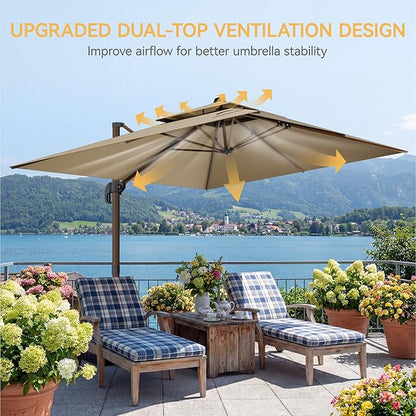 10x13 FT Wood Pattern Patio Umbrella, Large Deluxe Cantilever Rectangular Double Top Heavy Duty Offset Umbrellas with 360° Rotation, Outdoor shade for Garden Deck Pool Patio, Tan
