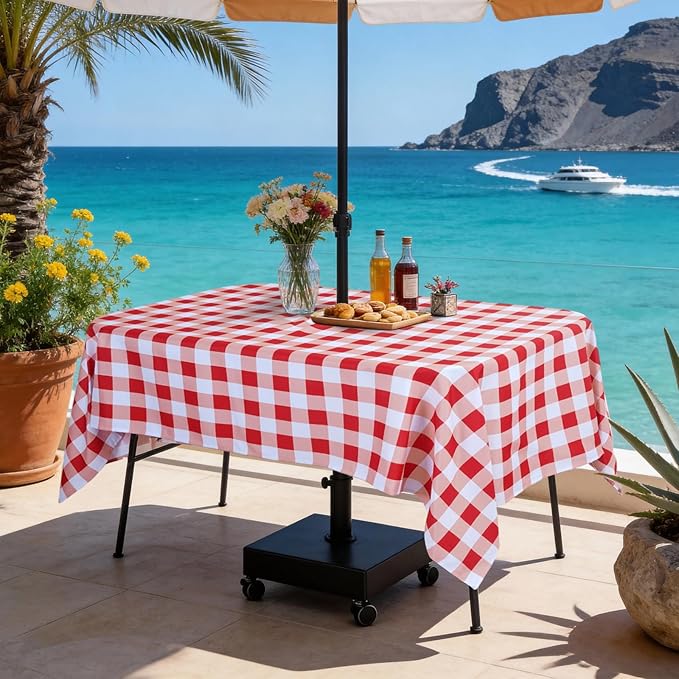 SquarePie 60x84 Inch Rectangle Outdoor Tablecloth with Umbrella HOL -Waterproof Spillproof Polyester Zipped Patio Table Cloth for Spring Summer Picnic Camping Backyard BBQs, Red Checkered