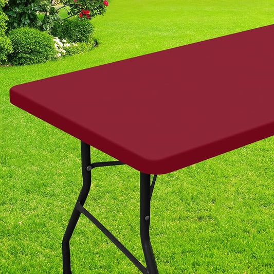 Smiry Rectangle Picnic Table Cloth, Waterproof Elastic Fitted Tablecloths for 8 Foot Tables, Washable Polyester Table Cover for Camping, Indoor and Outdoor (Wine Red, 30"x96")