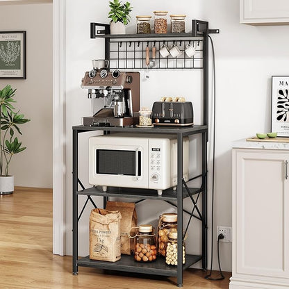 SNTD Bakers Rack with Power Outlet, Microwave Stand, Grey, 23.5" W | Coffee Stand, 4 Tiers Kitchen Storage Shelves, Wire Grid Panel, 10 Hooks, Metal Frame, Triple X-Shaped Reinforcement