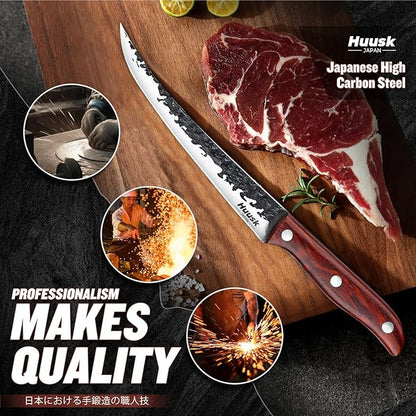 Huusk Fillet Knife for Meat Hand Forged Boning Knives 7 Inch Fish Filet Brisket Trimming Knife with Leather Sheath Japanese Butcher Knife for Fish Chincken Gift for Dad