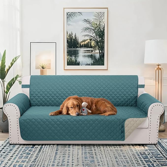 Reversible 4 Seater Sofa Cover 91" Large, Sofa, Blue/Beige | Couch Cover Furniture Protector with Foam Sticks Elastic Straps Furniture Protector for Pets Children Dog Cat