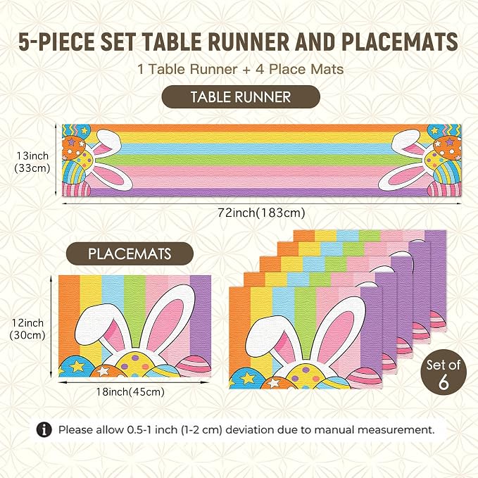Nuxovilar Set of 7 Easter Table Runner & Placemats | Rainbow Easter bunny and egg design linen placemat set. Festive dining accessories for spring gatherings.
