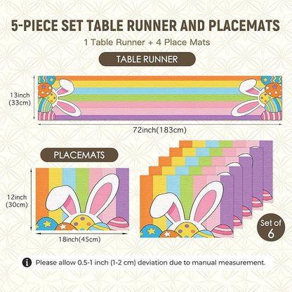 Nuxovilar Set of 7 Easter Table Runner & Placemats | Rainbow Easter bunny and egg design linen placemat set. Festive dining accessories for spring gatherings.
