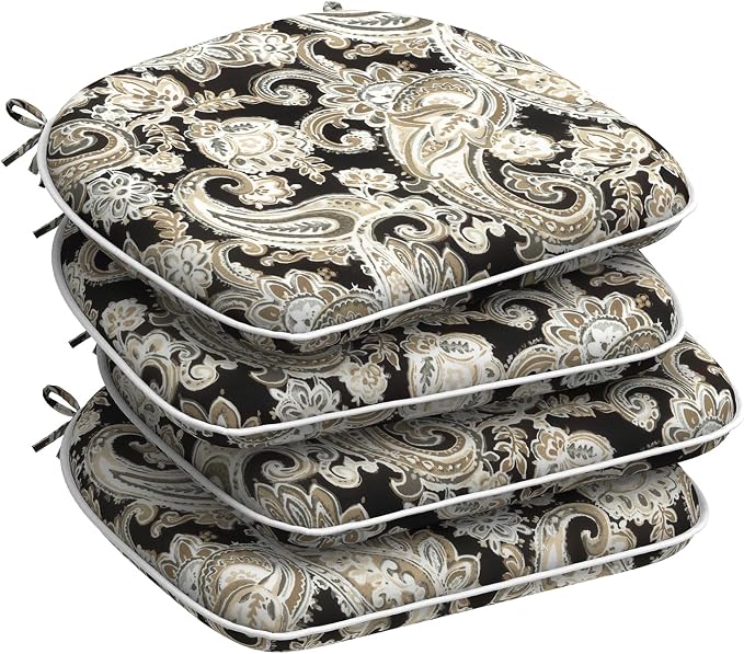 DYTXIII Set of 4 Outdoor Chair Cushions with Ties,Water Repellent Patio Chair Pads 17"x 16" for Outdoor Furniture,Round Corner Seat Cushions for Garden Yard Kitchen Paisley Black
