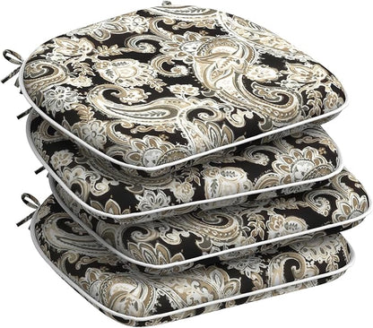 DYTXIII Set of 4 Outdoor Chair Cushions with Ties,Water Repellent Patio Chair Pads 17"x 16" for Outdoor Furniture,Round Corner Seat Cushions for Garden Yard Kitchen Paisley Black