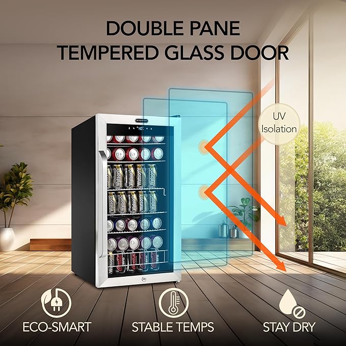 Whynter Beverage Refrigerator with Double-Layer Glass Door, 136-Can 3.4 Cu. Ft. Drink Mini Fridge with Lock & Digital Control, BR-1211DS, Stainless Steel