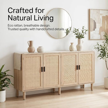 Finnhomy 4 Door Sideboard Buffet Cabinet, Kitchen Storage Cabinet with Rattan Decorated Doors, Cupboard Console Table, Boho Accent Liquor Cabinet for Home Bar, 62.3X 15.7X 34.6 Inches, Natural
