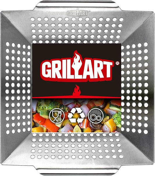 GRILLART Grill Basket Heavy Duty -Large Grill Baskets for Outdoor Grill Vegetables -Stainless Steel Veggie Grilling Basket/Pan - Lasting Grill Vegetable Basket BBQ Grill Accessories, Gifts for Dad Men